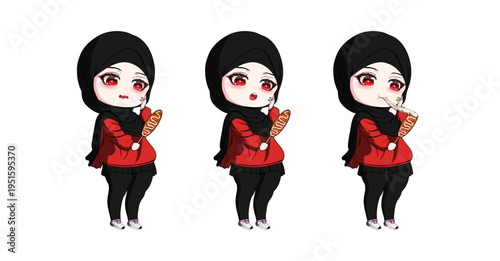 Cute Chibi Girl Character Set Wearing Hijab Eating Hot Corndog with Mozzarella Cheese in Various Poses Vector Illustration