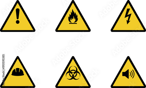 warning hazard signs set, vector triangular safety icons with fire electric biohazard helmet and alert symbols isolated on transparent background