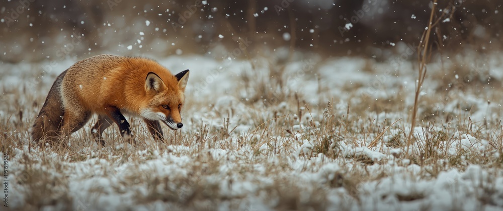 Obraz premium Classic retro artwork showing a red fox hunting in a snow laden meadow with snow swirling around