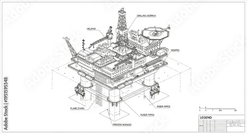 Detailed illustration of an offshore oil rig platform structure.