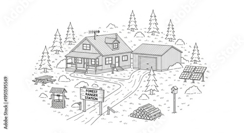Detailed illustration of a rustic cabin nestled in a forest setting with surrounding trees and pathway.