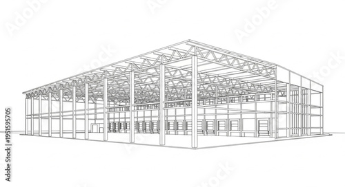 Architectural sketch of a modern building with glass facade and structural framework.