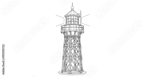 Detailed architectural sketch of a tall, ornate lighthouse structure, intricate design.