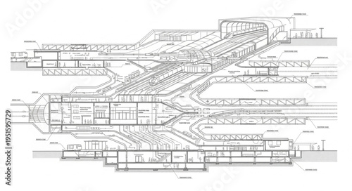 Architectural blueprint showcasing detailed cross-section of complex building design.