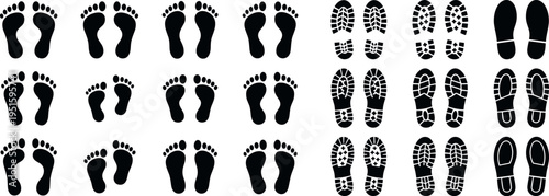 footprint and shoe print icon set, vector collection of human foot tracks and boot sole marks isolated on transparent background