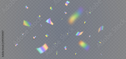 Holographic confetti bg. Prism lens. Shiny festive decor falling on transparent background. Rainbow light hologram. Crystal texture. Party celebration. Holiday glamour design. Vector Illustration
