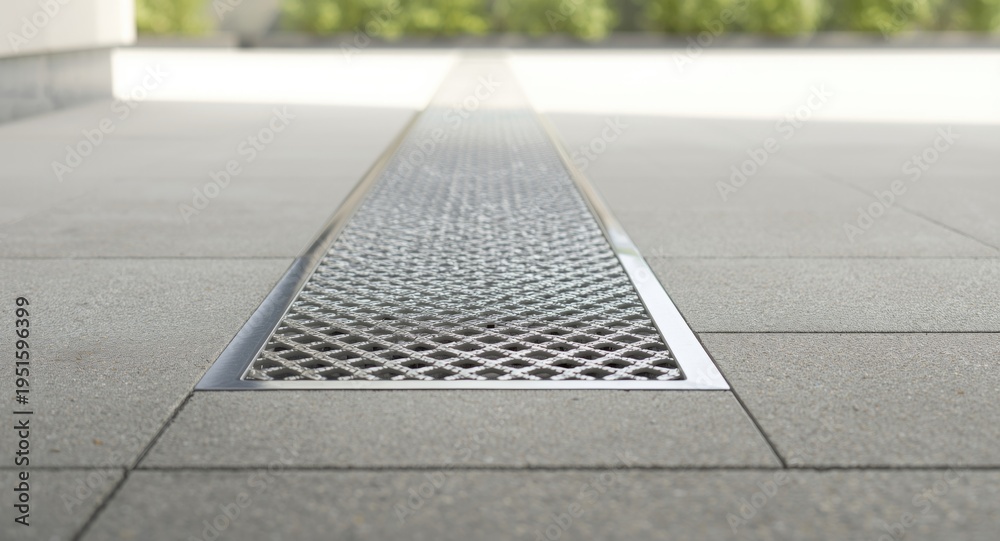 Fototapeta premium Metal mesh ventilation grate designed for drainage and moisture prevention near home