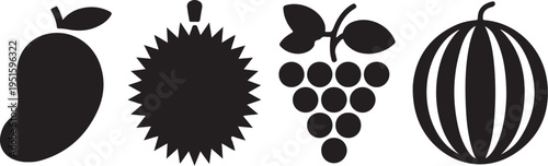 Black silhouettes of pear durian grapes and melon fruit