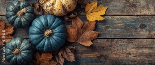 Blue pumpkin and dried leaf...