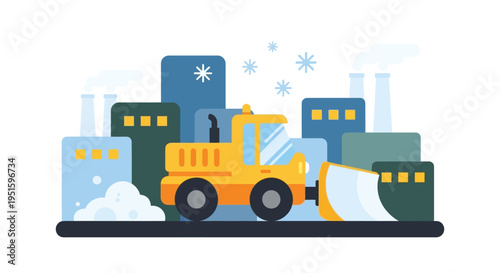 Snowplow Clearing Snow in Industrial Cityscape - Flat Vector Illustration of Winter Urban Maintenance