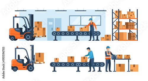 Warehouse Logistics & Supply Chain Operations: Workers, Forklifts, Conveyor, Storage. Flat Vector Illustration for Shipping, Industry, E-commerce.