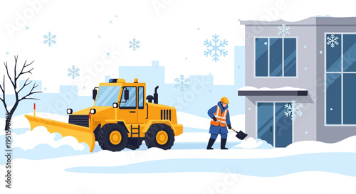 Professional Snow Removal Service: Plow Truck and Worker Clearing Snow in Winter City