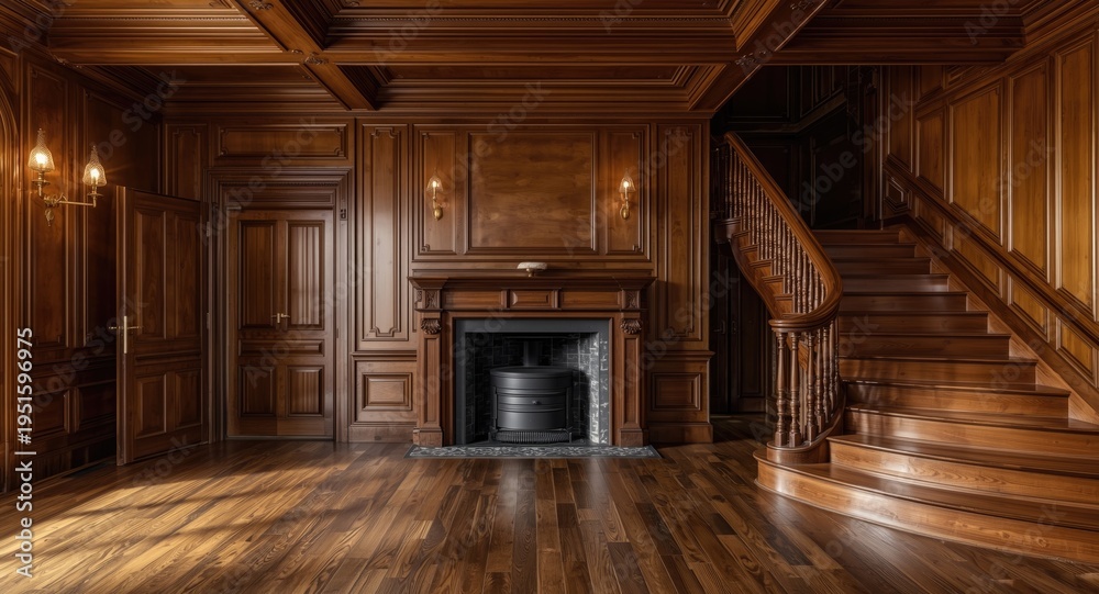 Fototapeta premium Refined mansion room with grand wooden staircase and traditional fireplace