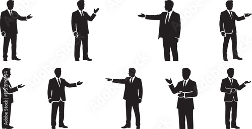 Businessman silhouette pose icon set with presentation gesture pointing and communication action vector