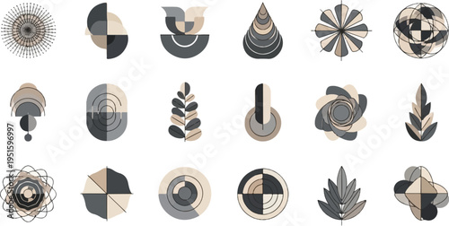 Collection of abstract geometric shapes and minimalist floral and leaf icons