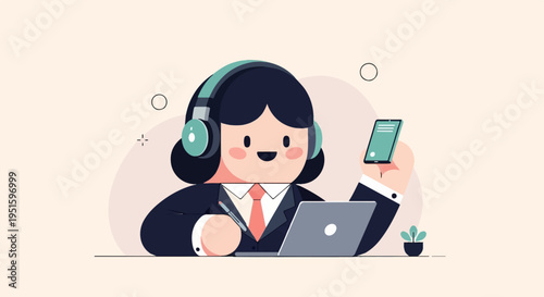 Cheerful person with headphones and smartphone at desk with laptop