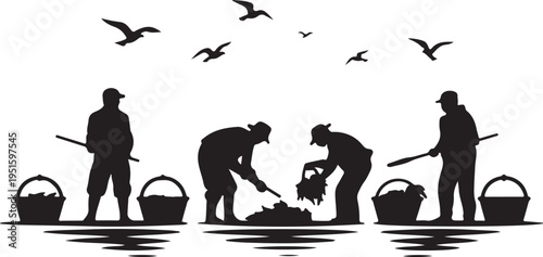 Black silhouettes of people raking and collecting seaweed on