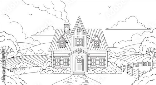 Coloring vector illustration of a house on a page from a book