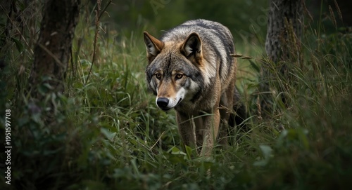 Feral wolf moving cautiousl...