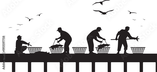 Black silhouettes of people sorting fish on a pier with baskets
