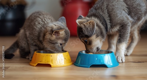 Playful gray kitten and pup...