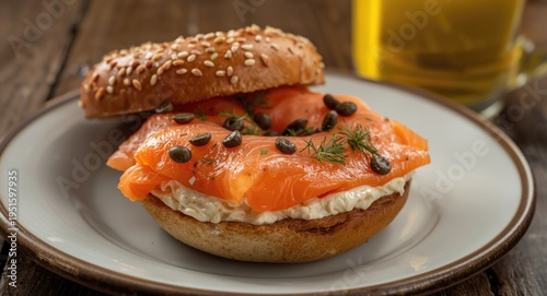 Fresh bagel topped with sal...