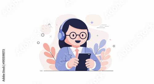 Cheerful person wearing headphones, glasses, and suit, holding a tablet device
