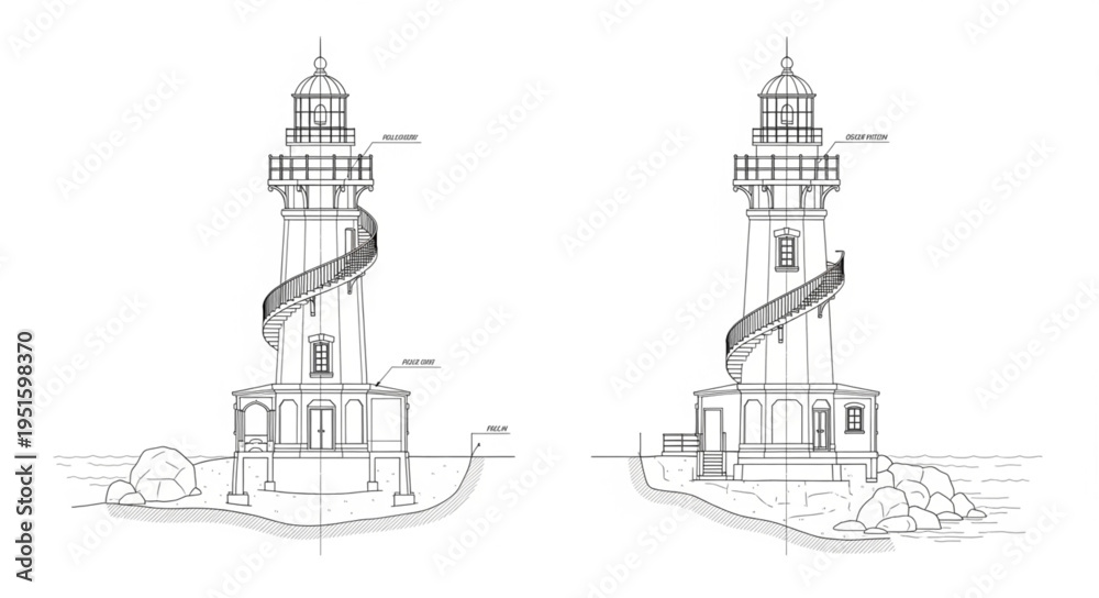 Fototapeta premium Detailed architectural sketch of two identical lighthouses with spiral staircases and intricate designs.