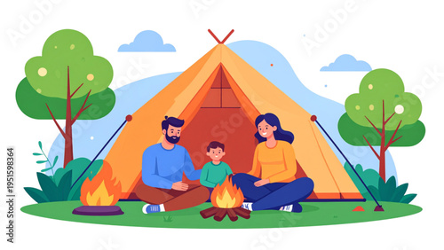 Vector illustration of happy family camping outdoors with tent, campfire, mountains, trees, children, parents, and nature adventure scene