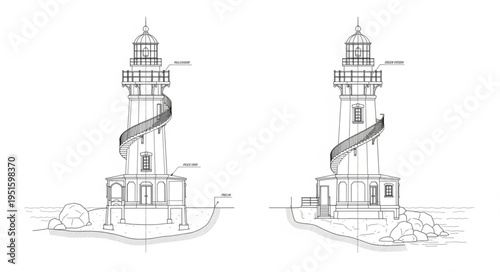 Detailed architectural sketch of two identical lighthouses with spiral staircases and intricate designs.