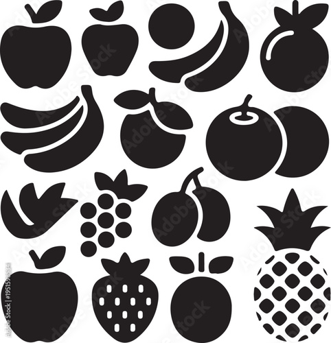 Black silhouettes of various fruits on white background