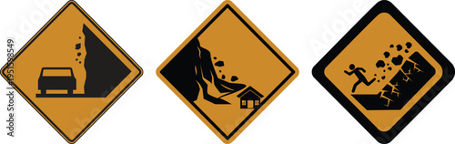 Falling rocks warning sign icon set collection group, landslide danger symbols, road hazard caution signs, rockfall alert vector icons for traffic safety and construction design.