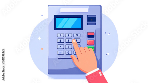 Vector illustration of digital security keypad with PIN entry, fingerprint scanner, card slot, authentication system, and secure access technology