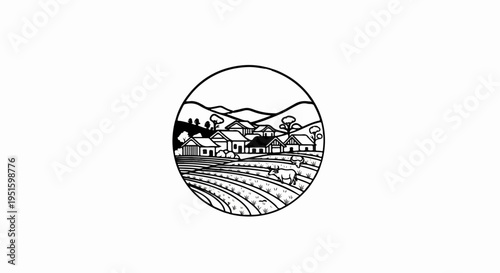 Circular illustration of a rural village scene with rolling hills and farming