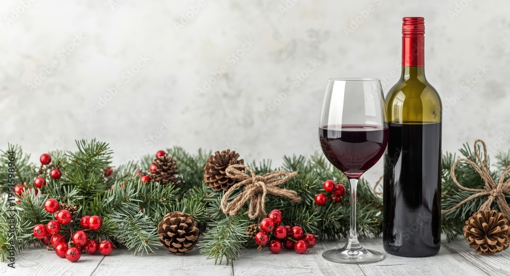Obraz premium Holiday decorations featuring a bottle and glasses of red wine with copy space for text