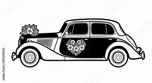 Classic car adorned with floral heart and bouquet