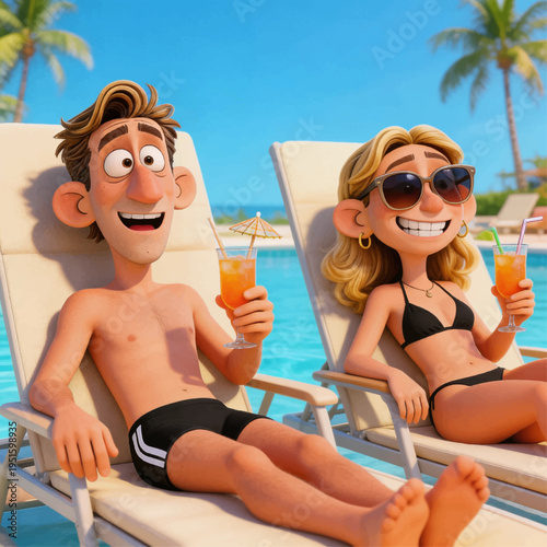 digital illustration of a happy couple enjoying a tropical vacation