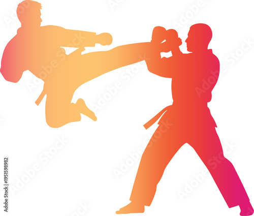 Two karate practitioners in kicking and blocking stance with colorful gradient effect