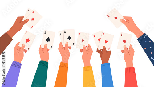 Vector illustration of diverse hands holding playing cards with spades, clubs, hearts, diamonds, floating cards, and leisure game concept