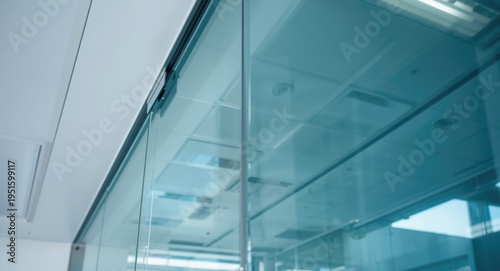 Reflective glass ceiling and mirror wall interaction in a modern office interior close up