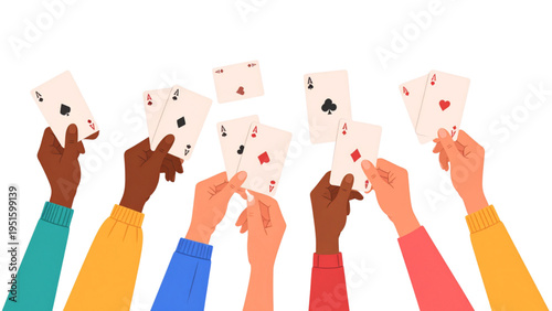 Vector illustration of diverse hands holding playing cards with spades, clubs, hearts, diamonds, floating cards, and leisure game concept