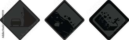 Falling rocks warning sign icon set collection group, landslide danger symbols, road hazard caution signs, rockfall alert vector icons for traffic safety and construction design.