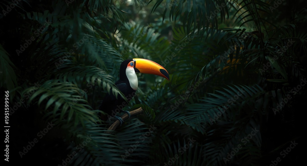 Fototapeta premium Exotic keel billed toucan highlighted in dense tropical greenery during nature travel