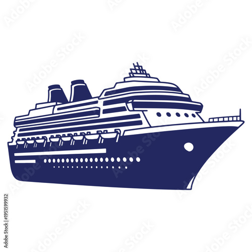 Illustration of a cruise ship with multiple decks and smoke stacks against a white background symbolizing travel and vacation