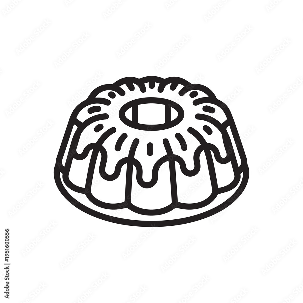 Fototapeta premium Bundt Cake Outline with Icing Drizzle on Plate Icon Simple Line Art