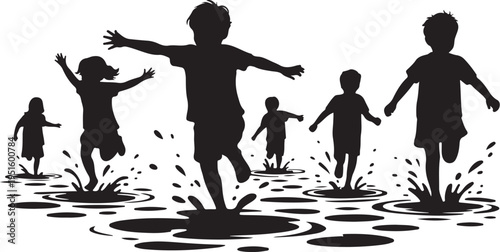 Children jumping in puddles black silhouettes on white background
