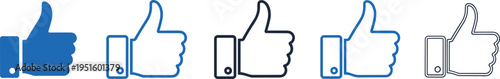 Set of blue thumbs up icons in various stroke weights and styles including solid and outline designs for social media like feedback