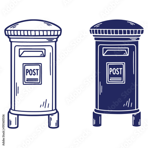 Illustration of Two Hand Drawn Post Boxes One White and One Blue for Mail Delivery Services