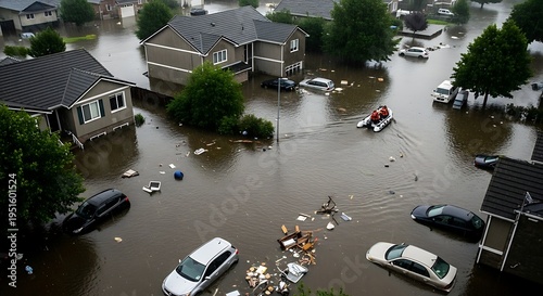 Flooded neighborhood shows devastating impact of heavy rainfall.