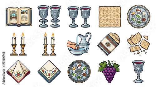 Top‑down view of a festive Passover tradition illustration set featuring detailed food icons, wine glasses, candles and napkins arranged on a clean white background, celebrating cultural celebration